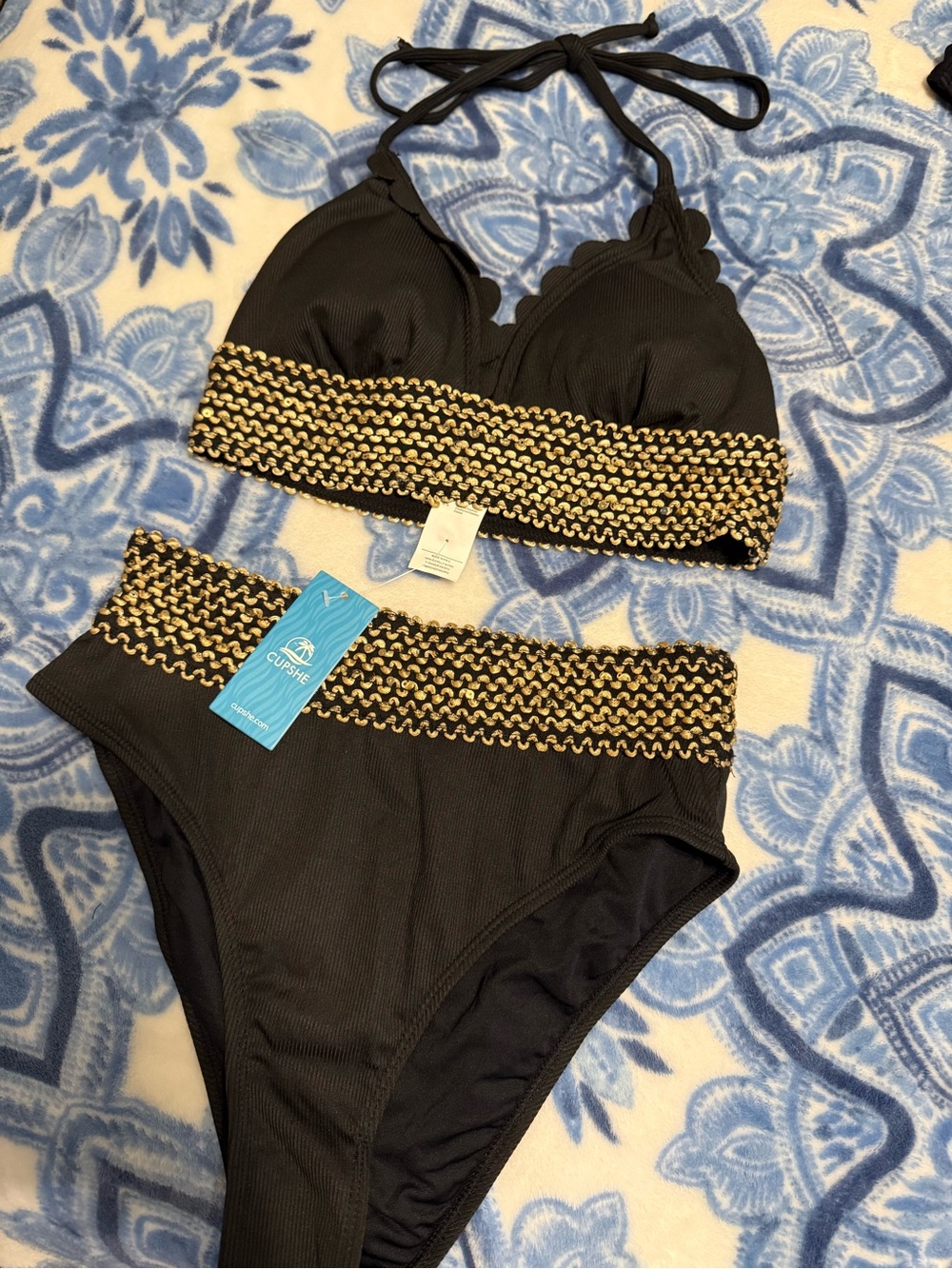 Cupshe Black Bikini Set with Gold Trim